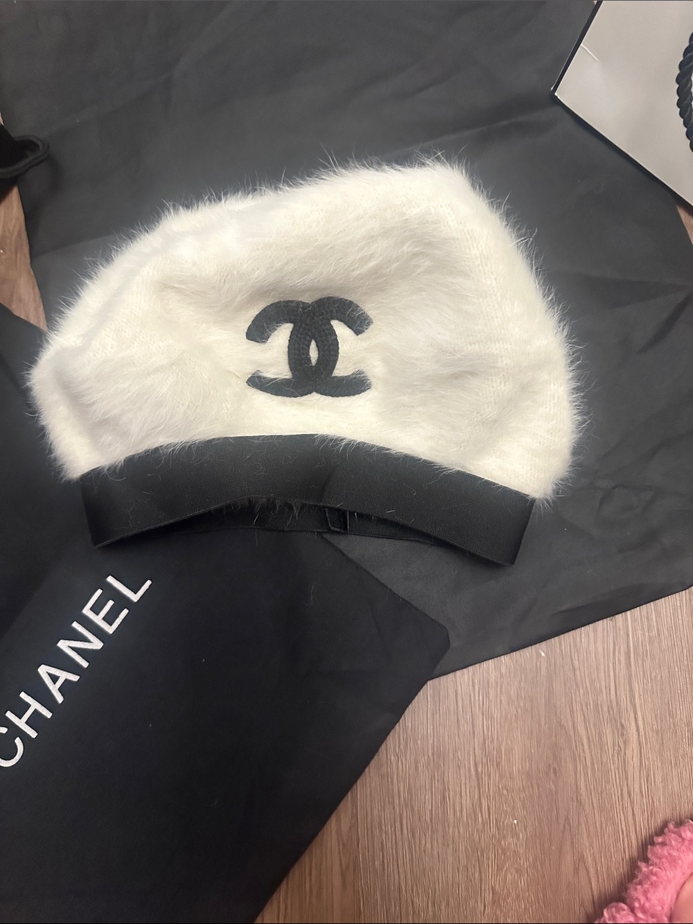 CC Handmade White Angora Beret with Black Logo Trim